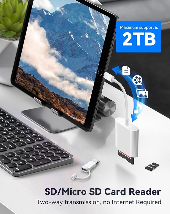 SD Card Reader for iPhone iPad, Dual Connector (Lightening&USB-C) Micro SD Memory Card Reader, 2 in 1 SD and TF Card Adapter Portable Trail Camera Viewer, No Driver Needed, Plug and Play