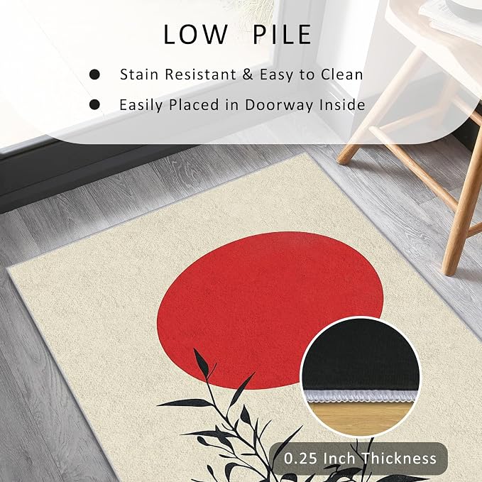 Japanese Runner Rug 3x10, Black and Grey Red Sun Design, Zen Asian Area Rug, Washable Carpet Runner for Bedroom, Standard Hallways, Kitchen Walkway, Dining Room Sideboard