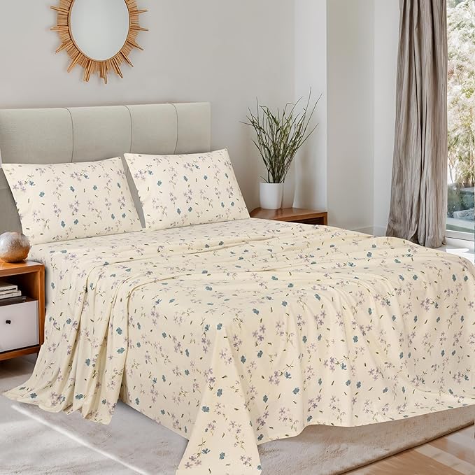 RUVANTI Flannel Sheets Twin XL Size - 100% Cotton Double Brushed Twin XL Sheet Sets, Deep Pockets 16 Inches, All Seasons Breathable & Extra Soft Bed Sheets, Warm & Cozy, 3 Piece, Jasmine Stamp Cream