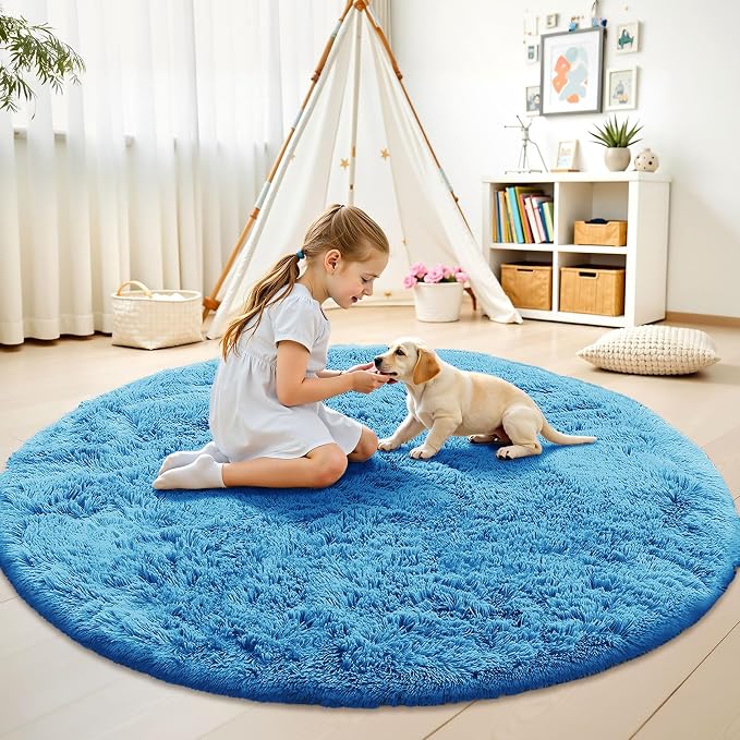 OLANLY Bright Blue Round Rugs for Bedroom - Machine Washable, 6 ft Circle Area Rugs for Living Room, Soft and Fluffy Shaggy Carpet for Teen Girl and Boys, Nursery Rooms, Dorms, Home Decor Aesthetic