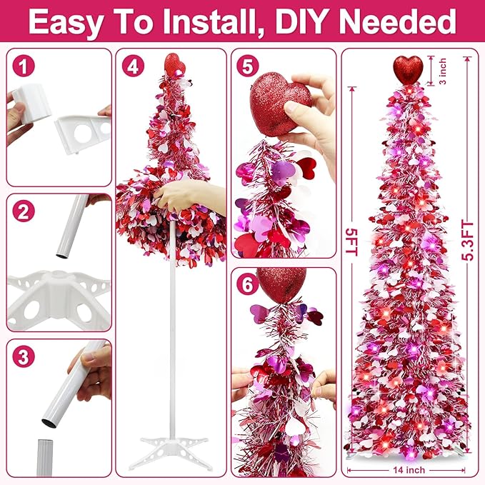 Valentines Day Decorations 5 Ft Valentine's Day Tree with Timer 50 Red & Pink Lights 3 Color Sequin Heart Ornaments Heart Topper Battery Operated Tinsel Pop Up Christmas Tree Home Party Indoor Decor