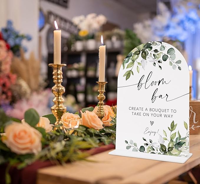 Wedding Signs for Reception, Green Leaves Bloom Bar Sign, Wedding Reception Signage, Bridal Shower Table Decorations with Base, Bloom Bar Supplies for Proposal, Bridal Shower Events and Ceremony, 01
