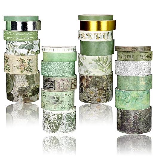 Sifaolp Washi Tape Set, 24 Rolls Vintage Washi Stickers, Assorted Sizes, for Junk Journal Scrapbook Tape, Bullet Journaling Scrapbooking Supplies, Planner Sticker DIY Craft DéCor (Green)