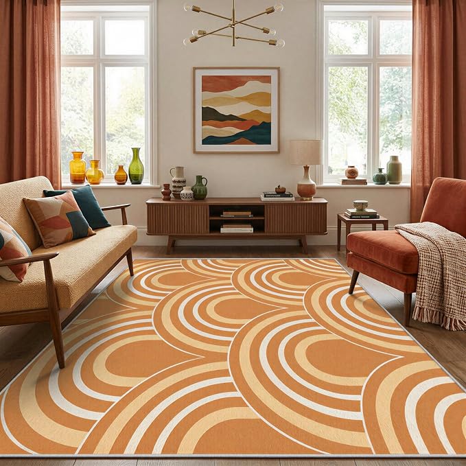 Terracotta Arch Area Rug 2 x 3 ft, Mid-Century Modern Geometric Rug, Burnt Orange Cream Abstract Washable Rug, Soft Low Pile Non-Slip Carpet for Living Room Bedroom