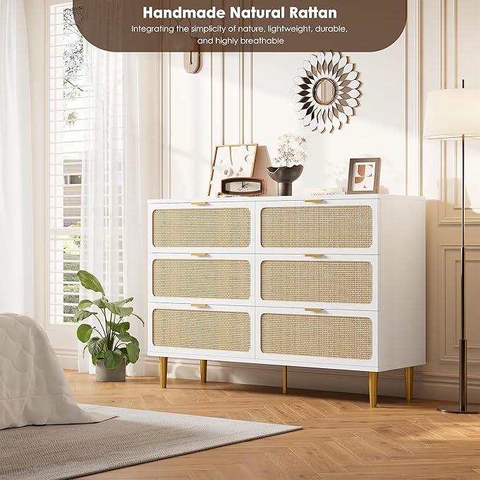 Garvee Rattan Dresser with 6 Drawers, Tall Modern Closet with Deep Storage, Large Chest of Drawers with Wide Top, Long Wooden Dresser for Bedroom, Living Room, Hallway, Kids Room, White