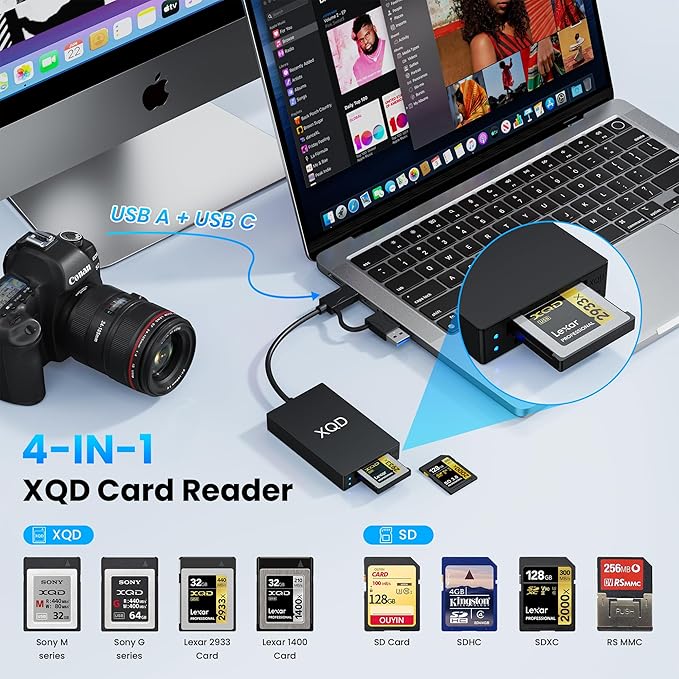 USB 3.0 XQD+SD Card Reader, 2-in-1 USB A and Type C 5Gbps Memory Card Reader with 2 Slots XQD/SD Compatible with Sony G/M Series, Lexar Mark Cards, Sony G Series, for Windows/Mac OS/Linux, Black