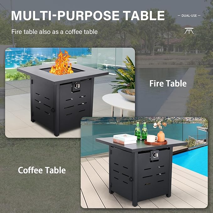 Propane Fire Pit 28 Inch Outdoor Fire Pit 50000 BTU Square Gas Fire Table with Steel Lid Blue Crystal Beads and Waterproof Cover for Outside Patio and Garden