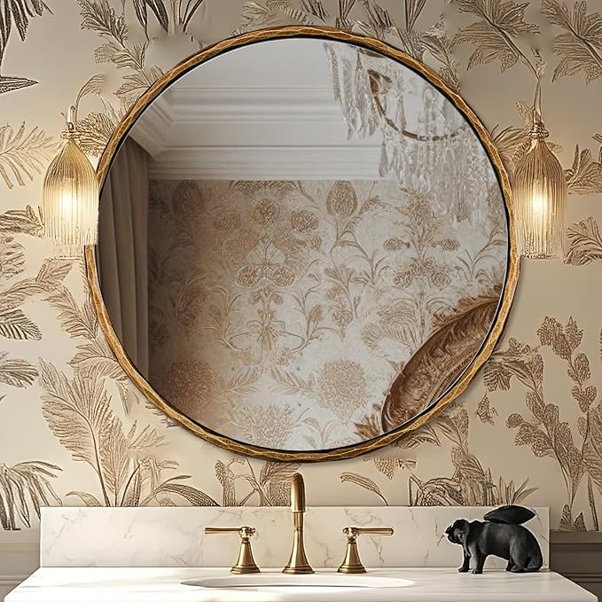 ANDY STAR 24 Inch Hand-Forged Round Gold Mirrors, Solid Steel Frame Antique Brass Bathroom Round Wall Mirror for Over Sink, Vanity Hammered Circle Mirror for Vintage, Farmhouse, Rustic