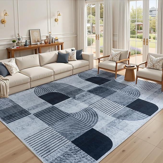 Large 9x12 Area Rugs for Living Room-Soft Modern Geometric Gray Rug for Bedroom, Washable Non-Slip Indoor Floor Abstract Carpet for Dining Room Nursery Office Home Decor