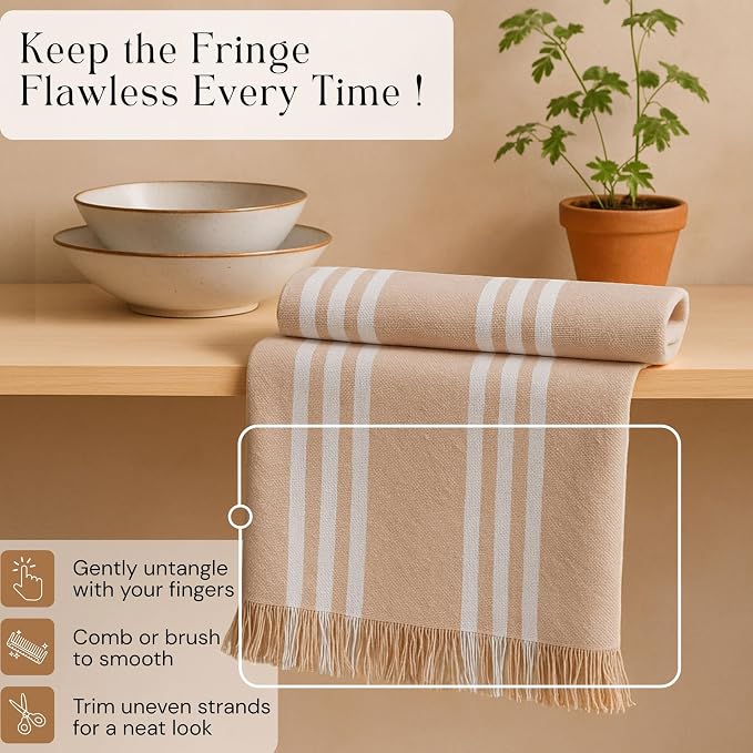 Prewashed Stripe Kitchen Towels 12 Pack, 16x26 Inches, 100% Cotton, Dish Towels for Kitchen Drying, Reusable Tea Towels, Absorbent Wash Cloths, Quick Dry and Machine Washable - Beige