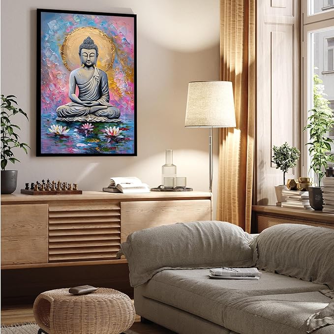 Lotus and golden Buddha meditation tranquil zen wall art mindfulness wall art for spiritual harmony and tranquility decor 8x12in Metal blackFramed