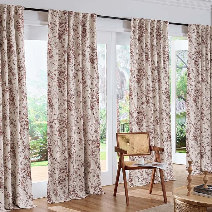 jinchan Blackout Floral Curtains Linen Blend Curtain for Living Room 90 Inch Length Christmas Brick Red Flower Printed Drapes for Bedroom Rod Pocket Back Tab Farmhouse Curtains Set 2 Panels