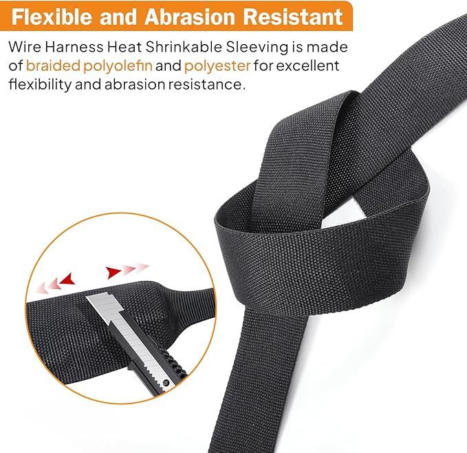 FOURUB 2:1 Ratio Flat Heat Shrinkable Braided Sleeving,Electrical Insulating Tubing,Durable Automotive Fabric Harness Shrinking Sheath (1"-20ft)