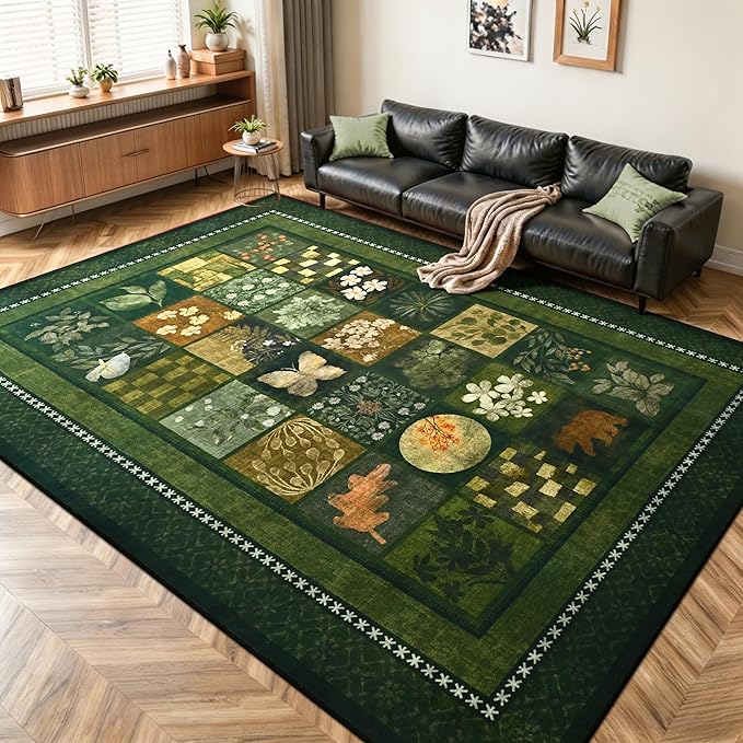 Tepook 8x10 Area Rugs for Living Room, Modern Large Geometric Rug for Bedroom, Washable Patchwork Rug Indoor Non Slip Throw Carpets for Dining Room Office Farmhouse Home Decor, Dark Green