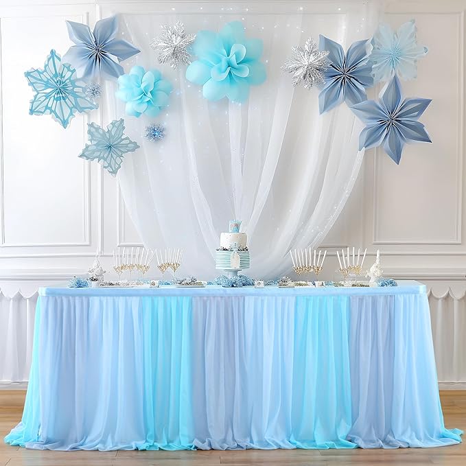 Tulle Table Skirt Blue Tutu Striped Table Skirts for Rectangle Tables Baby Shower Under the Sea Baby Shark Birthday Parties Decoration 9ft