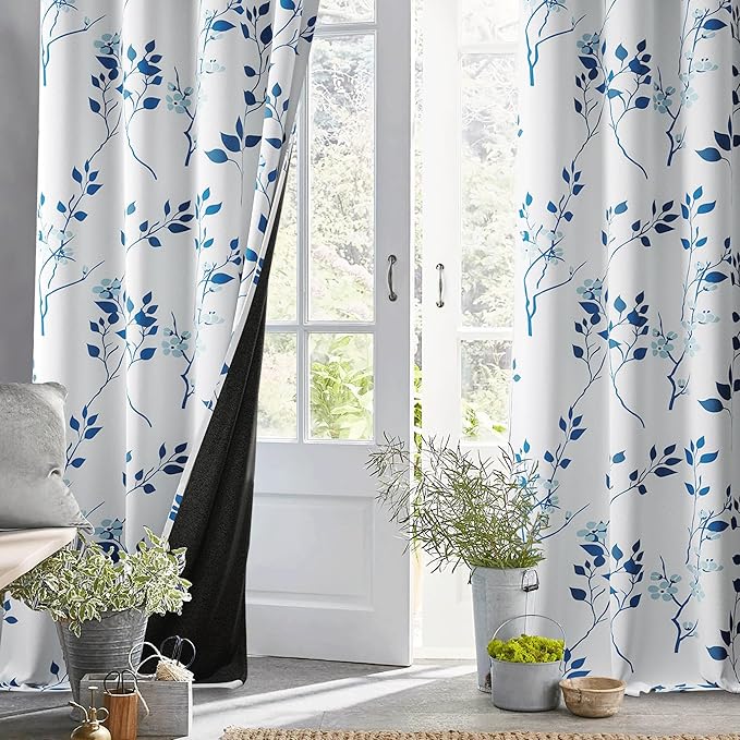 Beauoop Floral 100% Blackout Curtains 108 Inches Long 2 Panels for Bedroom Living Room Navy Blue and White Flower Patterned Room Darkening Thermal Soundproof Grommet Window Treatments Drapes, 52X108