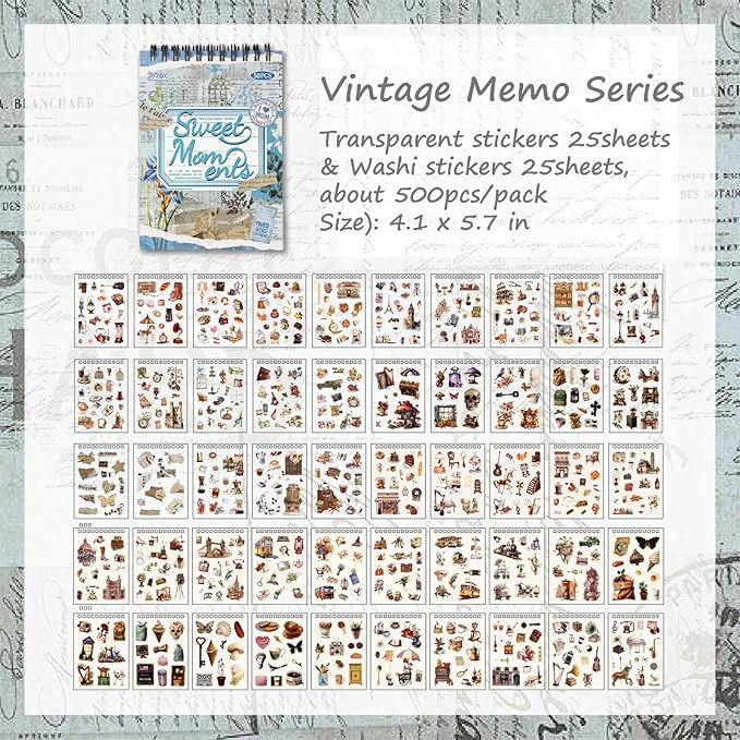 SIBLYMONA Vintage Stickers Pack, 50 Sheets Over 500 Pcs Art Stickers for Journaling, Scrapbooking Supplies and Junk Journal Bullet Journal Deco & Collage Kit Planner Accessories (Flower)