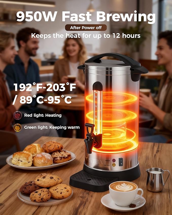 OSTBA 950W Commercial Coffee Urn 50 Cup / 8.3L 304 Stainless Steel Percolator Coffee Pot, Double-Wall Hot Water Dispenser Electric Coffee Maker Fast Brewing for Home, Office, Catering & Small Events
