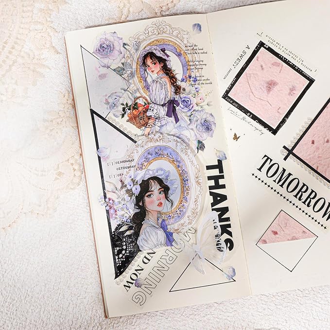 AuriicLeaf French Vintage Girl PET Sticker Set, 60PCS Scrapbook Supplies for Journaling, Planners, DIY Crafts and Gifts