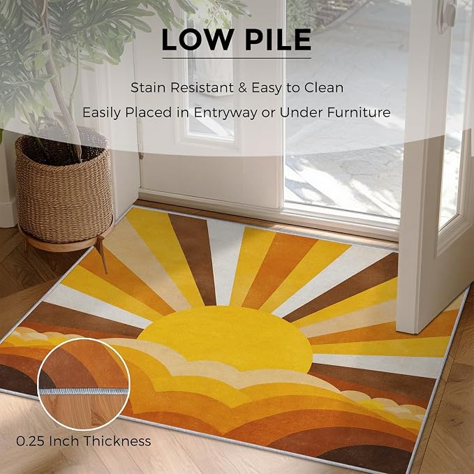 Boho Sun Rugs for Home Decor, 5x7 ft, Abstract Sunburst Retro Area Rugs for Living Room, Soft Non Slip Washable Mid Century Modern Carpet Bedroom Decorations Dt-Ghf-69