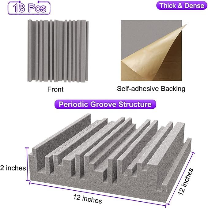 TroyStudio Self-adhesive Acoustic Foam Panels, 12 X 12 X 2 Inches 18 Pcs Broadband Sound Absorbing Foam, Dense Soundproof Padding Tile, Recording Studio Foam Absorber, Groove Decorative Wall Panel