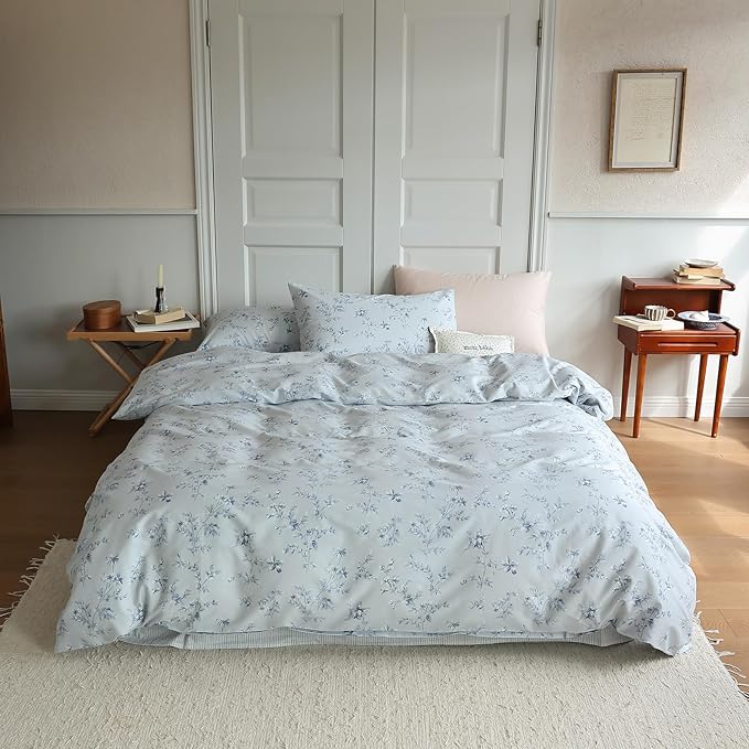 Twin Size Duvet Cover Vintage Blue Floral Duvet Cover Boho Coquette Bedding Set Lightweight Cotton Flower Comforter Cover Aesthetic Boho Farmhouse Bedding Flower Duvet Cover Twin