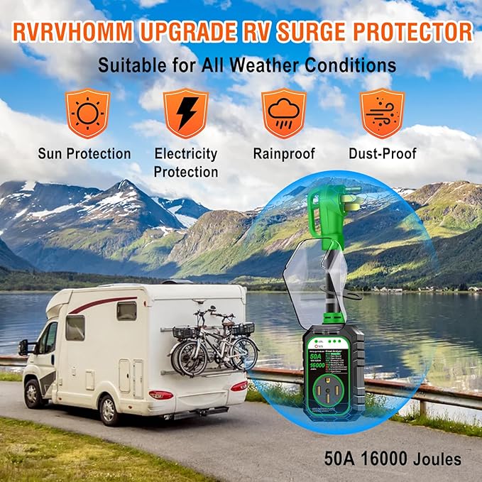 RV Surge Protector 50 Amp Flag Design - Upgraded 16000J Power Surges Voltage Protection Circuit Analyzer IP68 Waterproof Cover for 50A RVS Camper Trailer Must Haves (50Amp, Green)
