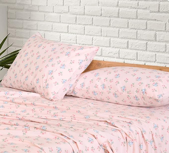 RUVANTI 100% Cotton Sheets Queen Size Set, 4 Pieces, Soft & Breathable Percale Weave Bedding, Deep Pocket 16", Hotel Standard, Crisp Cool Feeling, Durable, Perfect Floral Bed Sheet, Spring On