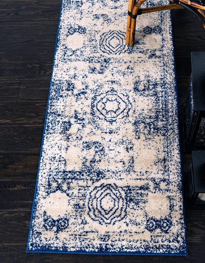Unique Loom Bromley Collection Area Rug - Wells (2' x 6' 9" Runner, Ivory and Blue/ Ivory)