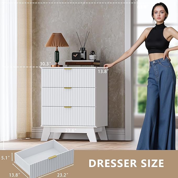 BORNOON Fluted 3 Drawer Dresser, 30.3" Tall Compact Modern Boho Chest of Drawers, Wooden Storage Cabinet for Bedroom, Living Room, Entryway, Curved Profile Design