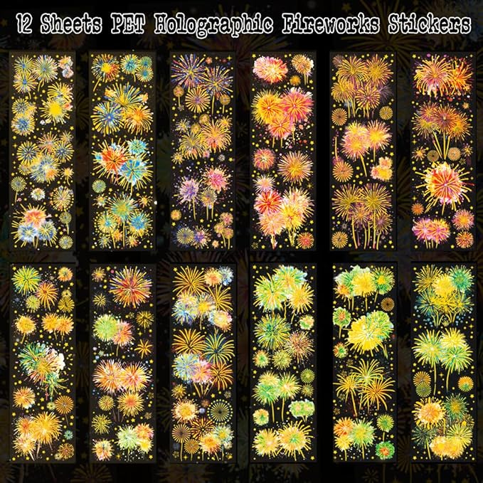 Holographic Fireworks Stickers for Journaling and Crafts, 12 Sheets Transparent PET Stickers for Scrapbooking, Junk Journal Supplies, Collage, DIY Paper Arts Decorative