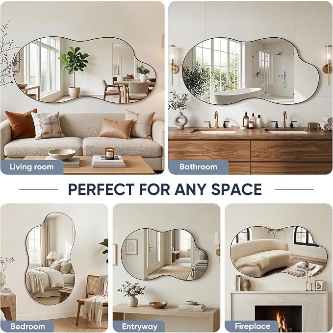 Irregular Wall Mirror, 28"x55" Asymmetrical Mirror with Metal Frame, Modern Unique Decorative Mirrors for Bathroom, Wall Decor, Entryway, Living Room, Black