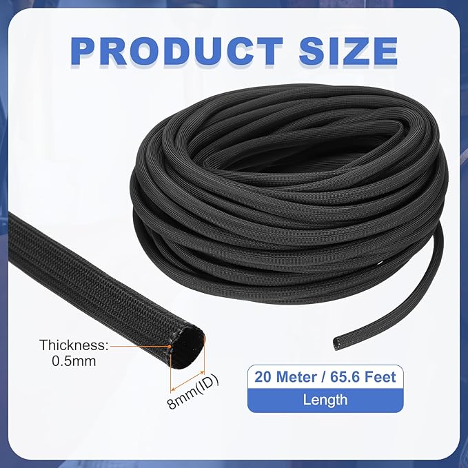 uxcell Insulation Cable Protector,8mm/0.5 Inch-20m/66 Feet High Temp Fiberglass Sleeve Black