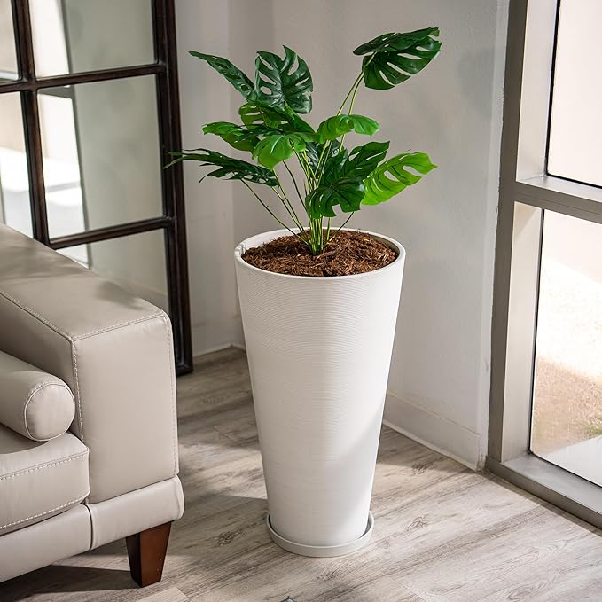 XBrand Modern 28-Inch Tall Round Planter, Modern Tapered Planter Perfect for Indoor & Outdoor Planter, Patio Décor, White