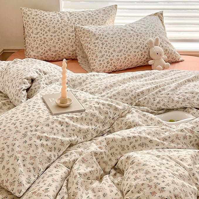 EAVD Garden Style Small Floral Print Duvet Cover Twin Soft Cotton Chic Shabby Cute Floral Bedding Set for Girls with 2 Pillowcases Fresh Botanical Duvet Cover with Zipper Closure