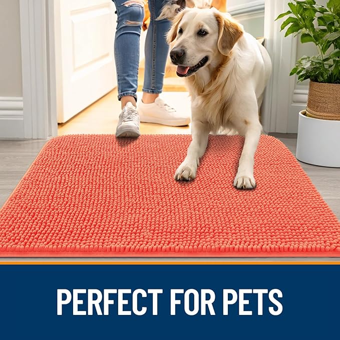 OLANLY Dog Door Mat for Muddy Paws 36x24, Absorbs Moisture and Dirt, Absorbent Non-Slip Washable Doormat, Quick Dry Chenille Mud Mat for Dogs, Entry Indoor Entryway Carpet for Inside Floor, Coral