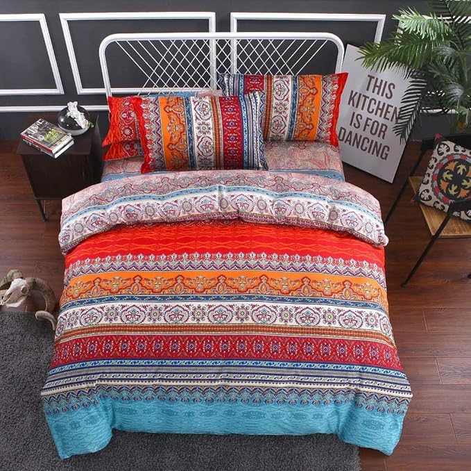 Bohemian Full Comforter Set - Soft Chic 3 Pieces Bedding, Lightweight Exotic Red Teal Mandala Colorful Vintage Bed Set for All Seasons (Full, Boho)