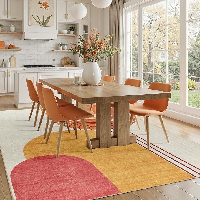 DCX Abstract Machine Washable 8x10 Rug, Mid Century Modern Rug for Living Room, Soft Low Pile Non Slip Carpet, Kid & Pet Friendly Stain Resistant Rug for Bedroom Dining Room Office, Orange & Yellow