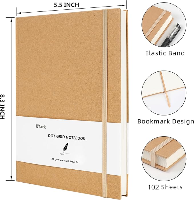 XYark A5 Dot Grid Kraft Notebook Journals, Hardcover Subject Sketchbook Composition Notebooks with Dotted Grid Paper, 2 Pack, 120GSM, 102 Sheets, 5.5x8.3 inch, Travel Journal Set