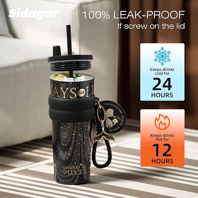 24 oz Tumbler with Lid and Straw, Insulated Coffee Mug Leak Proof, Portable Iced Travel Water Bottle, Reusable Thermal Coffee Cup, Gifts for Women, Mystic Black