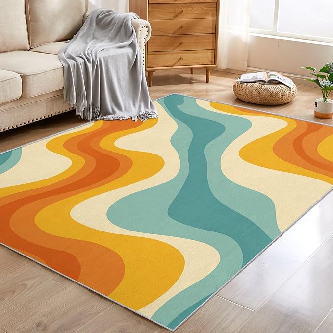 Retro Wavy Rugs for Home Decor, 7x9 ft, Abstract Waves Area Rugs for Living Room, Soft Non Slip Washable 70s Groovy Carpet Bedroom Decorations Dt-Ghf-69