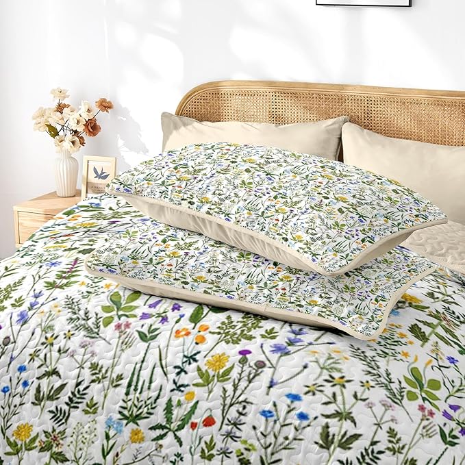 Quilt Set Full/Queen Size, Garden Floral 3 Pcs Soft Bed Cover Bedding Set, Country Rustic Farmhouse Lightweight Bedspread Coverlet with 2 Pillow Sham for All Season