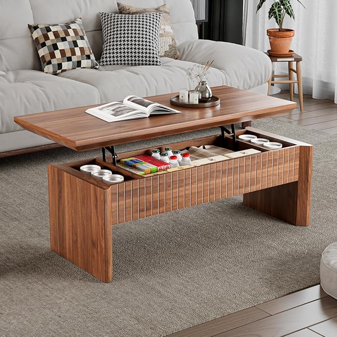 Lift Top Coffee Table with Storage, Mid Century Modern Coffee Table with Hidden Compartment, Fluted Wood Rectangle Center Table for Living Room, Home Office, Walnut (Walnut, 42.5" W)