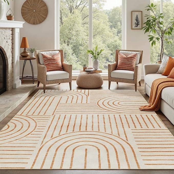 DCX Beige Machine Washable Area Rug 9x12, Midcentury Modern Non Slip Stain Resistant Rug 9x12 for Living Room, Playroom, Dining Room, Soft Low Pile Large Carpet