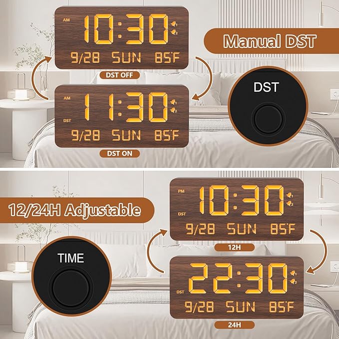 Fomobest Wooden Digital Alarm Clock for Bedroom - Desk Clock with Date, Day of Week, Temperature, Dual Alarms, Dimmer, USB Port Charge, DST, Adjustable Volume for Living Room/Office Wood Decor (Brown)