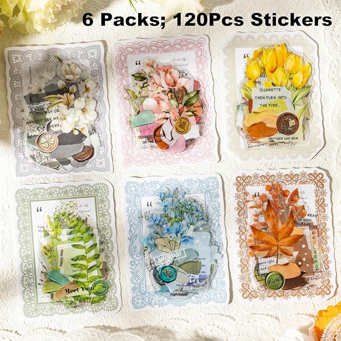 AuriicLeaf Vintage Botanical PET Sticker Set, 120PCS Floral and Leaf Ephemera Stickers for Journaling, Scrapbooking, DIY Crafts, and Art Projects