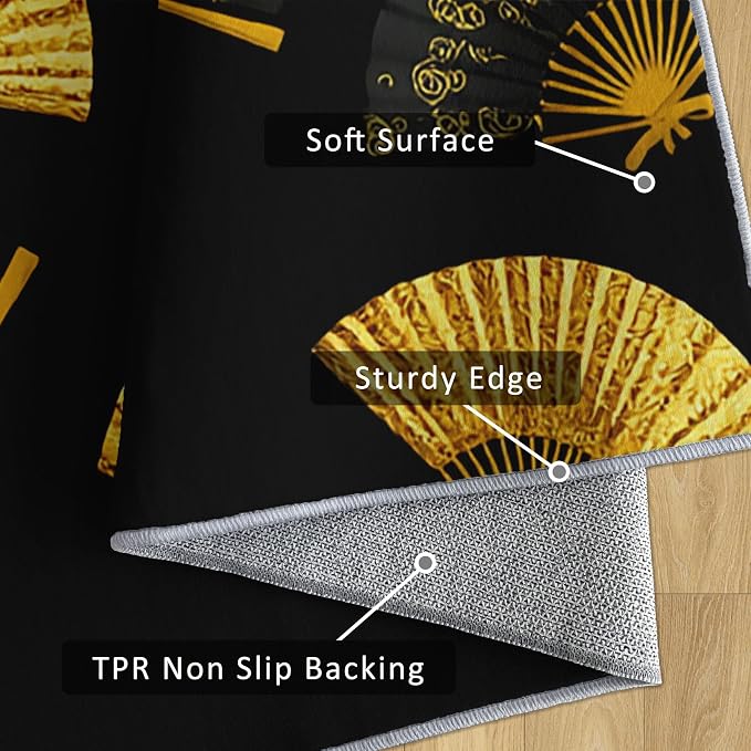 Small Area Rugs 2x4 Entryway, Oriental Fan Rug, Black and Gold Vintage Asian Design, Washable Kitchen Rug Non-Slip, Compact Carpet for Laundry Room & Powder Room, Japanese Style Room Decor