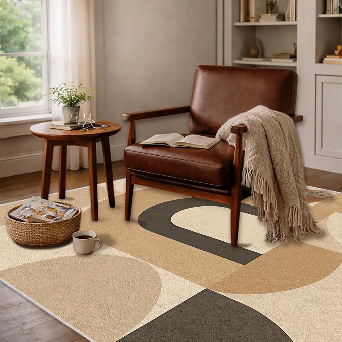 Mid Century Area Rug 5x6, Home Decor | Neutral Cream Black Geo Arc, Abstract Geometric Rug for Living Room, Bedroom, Home Office, Non Slip, Washable, Low Pile