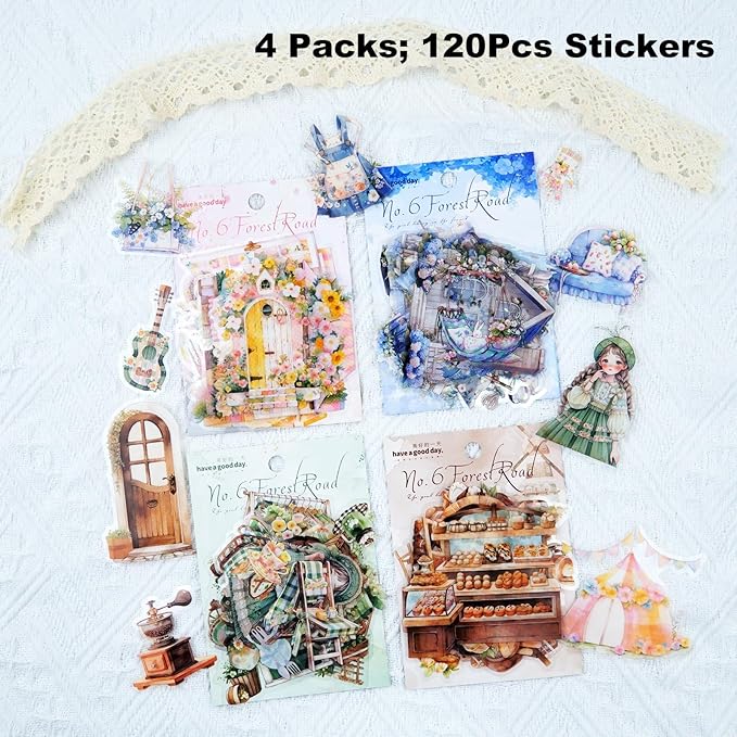 AuriicLeaf Daily Life PET Sticker Set, 120Pcs Cottagecore Stickers for Scrapbooking, Journaling, DIY Crafts and Planner Supplies
