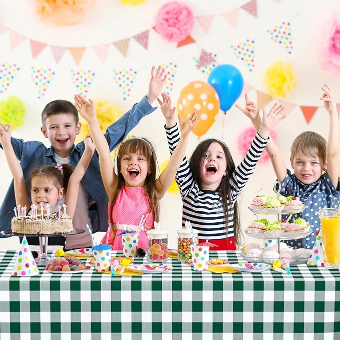 WNINK 2 Pack Green and White Checkered Rectangular Plastic Tablecloths, Green Gingham Waterproof Disposable Table Covers 54" x 108" for Birthday, Wedding, Outdoor Picnic Camping Parties